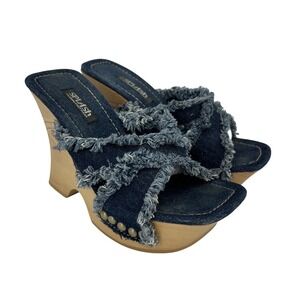 Vtg Splash Shoes Womens Size 6 Denim Frayed Platform Wedge Studded Chunky Y2K